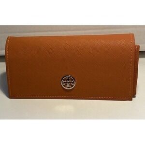 Tory Burch Saffiano Leather Eyeglass Case Sunglasses Cognac Magnetic Snap Logo